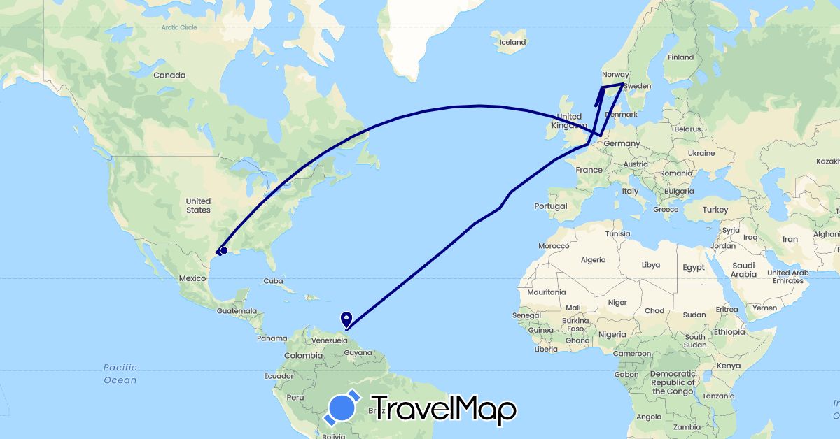 TravelMap itinerary: driving in France, United Kingdom, Netherlands, Norway, Trinidad and Tobago, United States (Europe, North America)